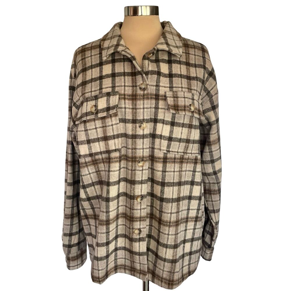 First Love Wool Blend Brown Plaid Shacket LARGE Thick Country Chores Gorpcore
